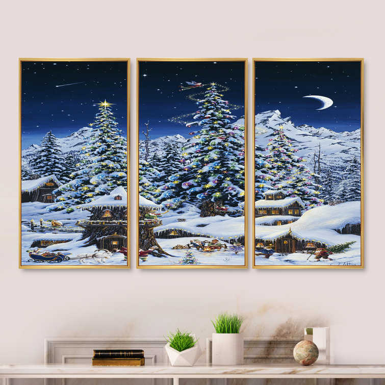 Elf Houses Under Large Lighted Christmas Trees Framed On Canvas 3 Pieces Painting